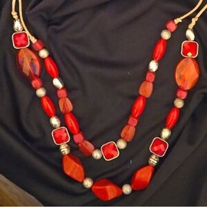 Red &Silver Beads on 2 Tan Suede Leather Strands Connected into a Necklace